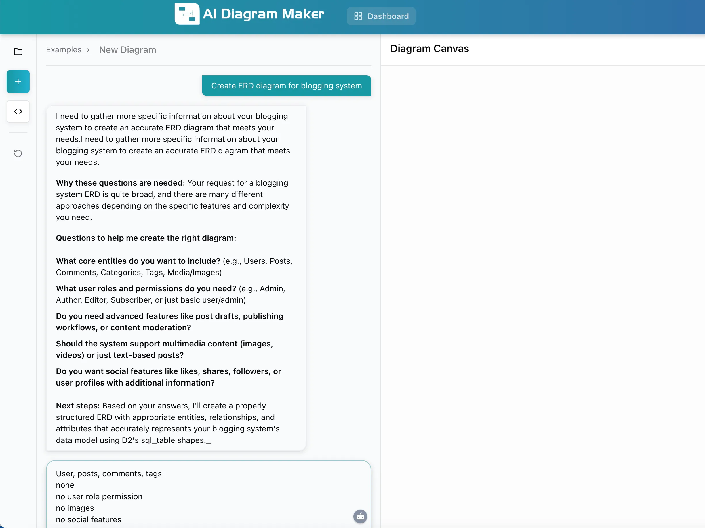 AI ERD Generator asking clarifying questions