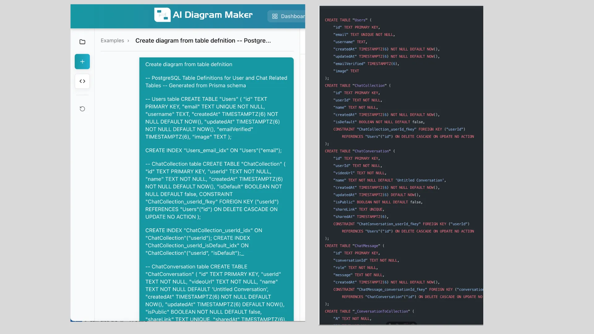 SQL code input for reverse engineering