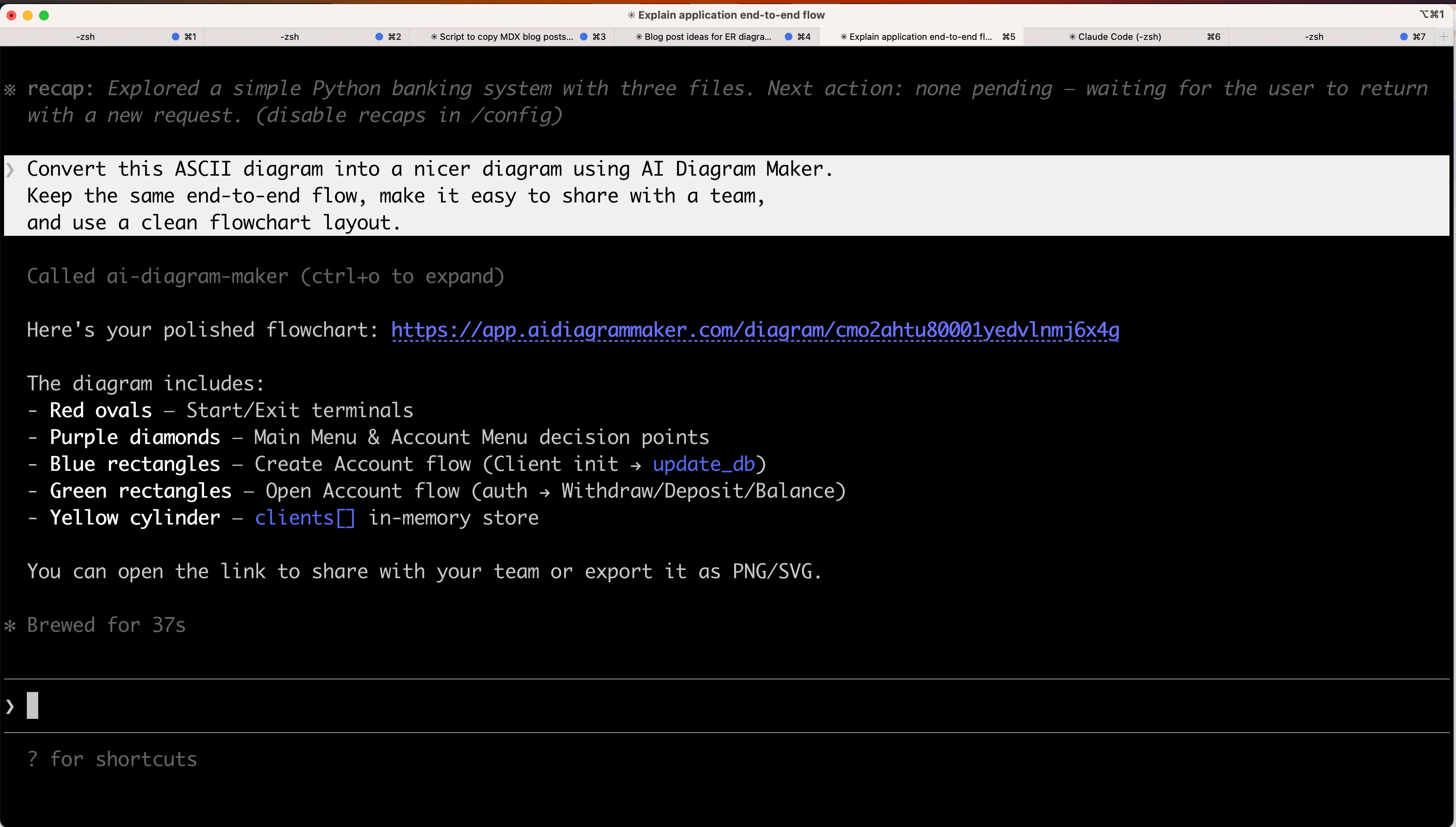 Claude Code returning the AI Diagram Maker link for the generated banking flowchart