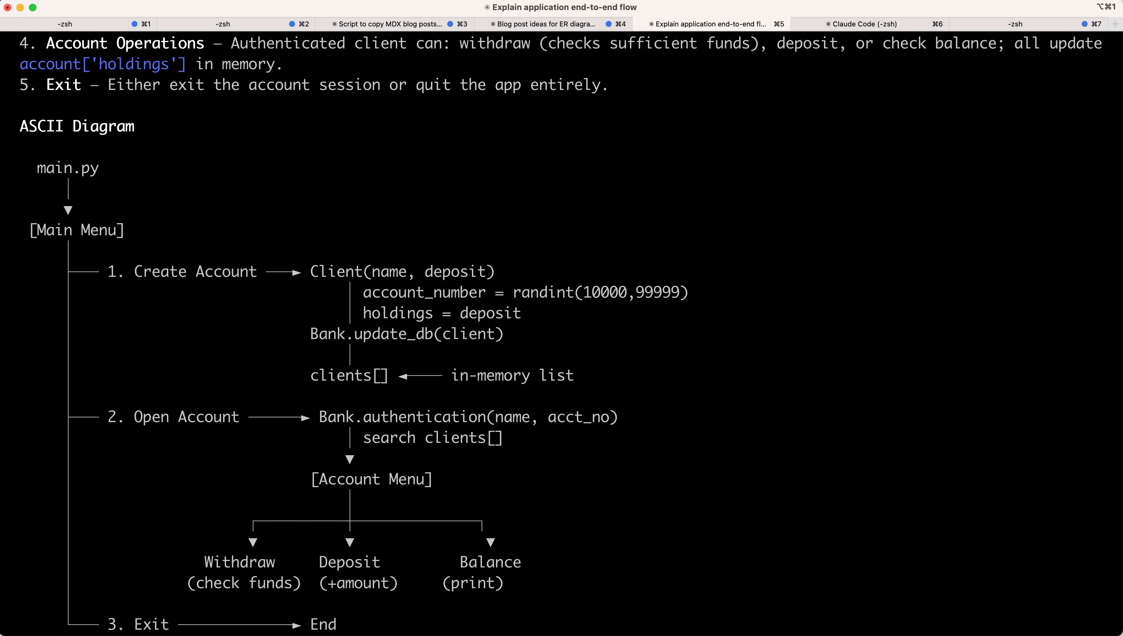 Claude Code response showing the banking app explanation and generated ASCII diagram