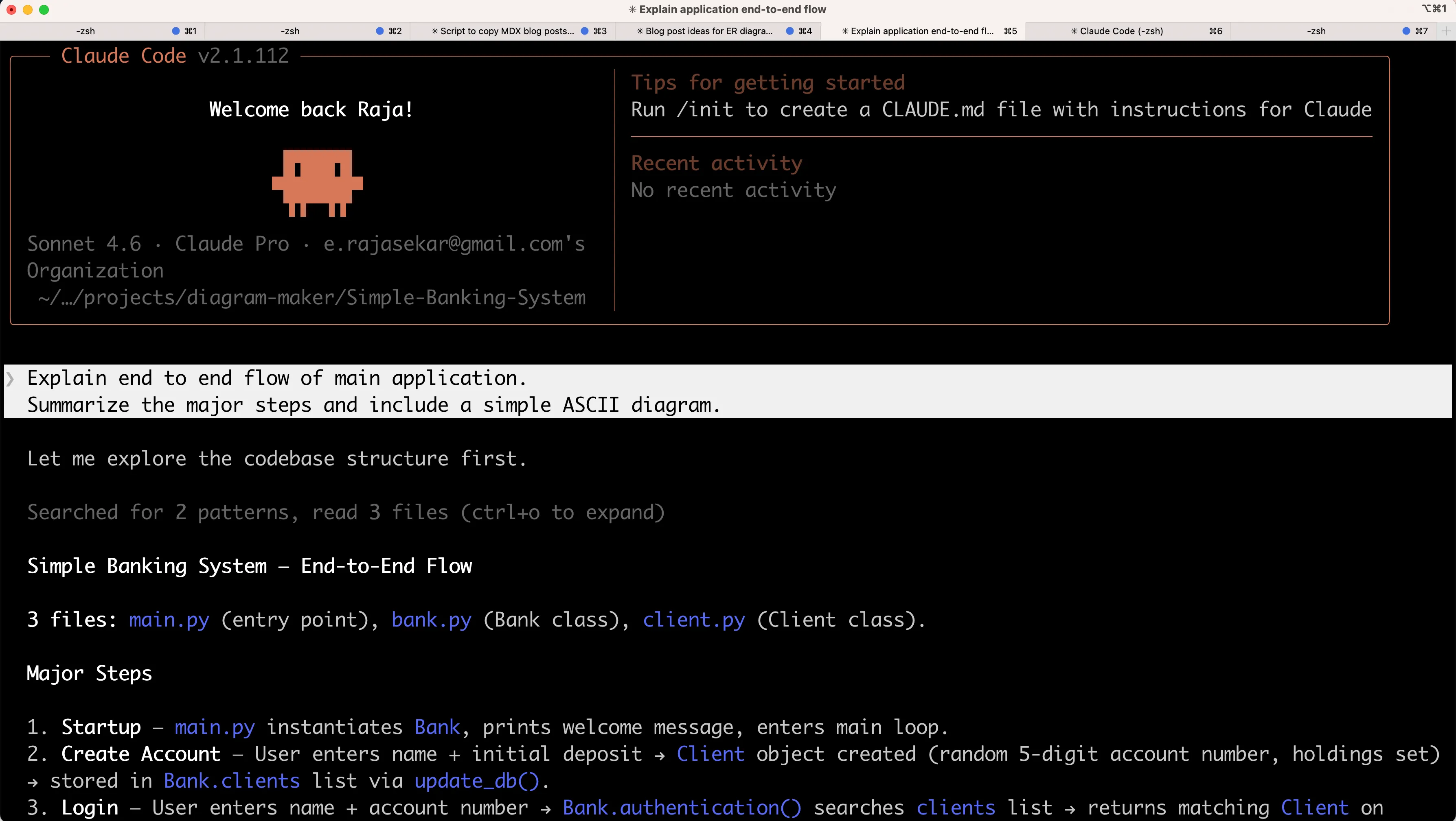 Claude Code prompt asking for the end-to-end application flow with an ASCII diagram