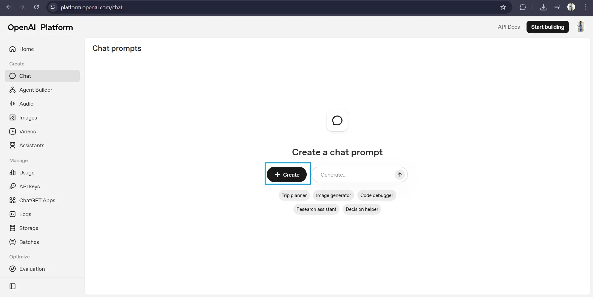 OpenAI platform chat landing screen