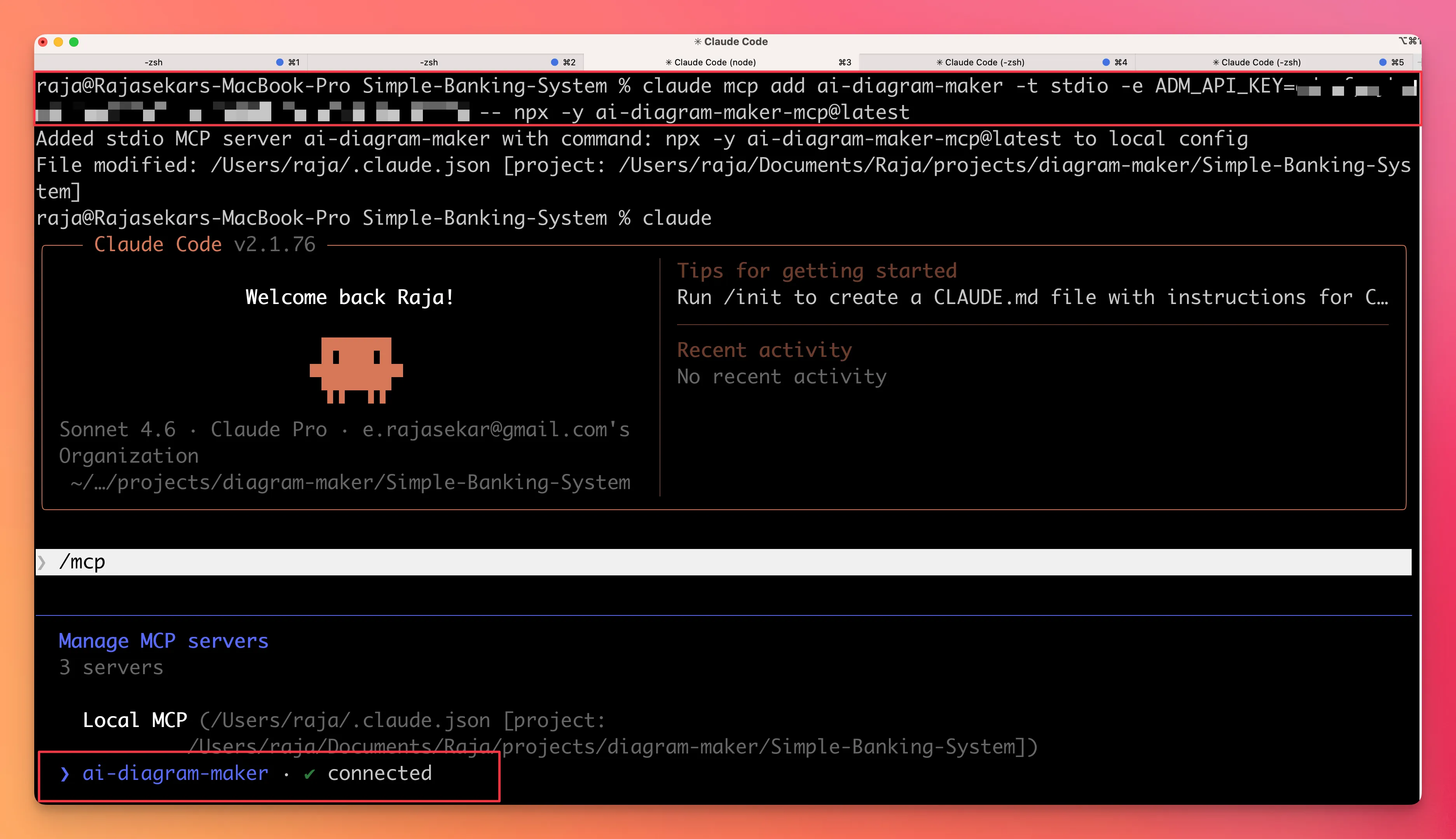 Claude Code adding the AI Diagram Maker MCP server and showing it as connected