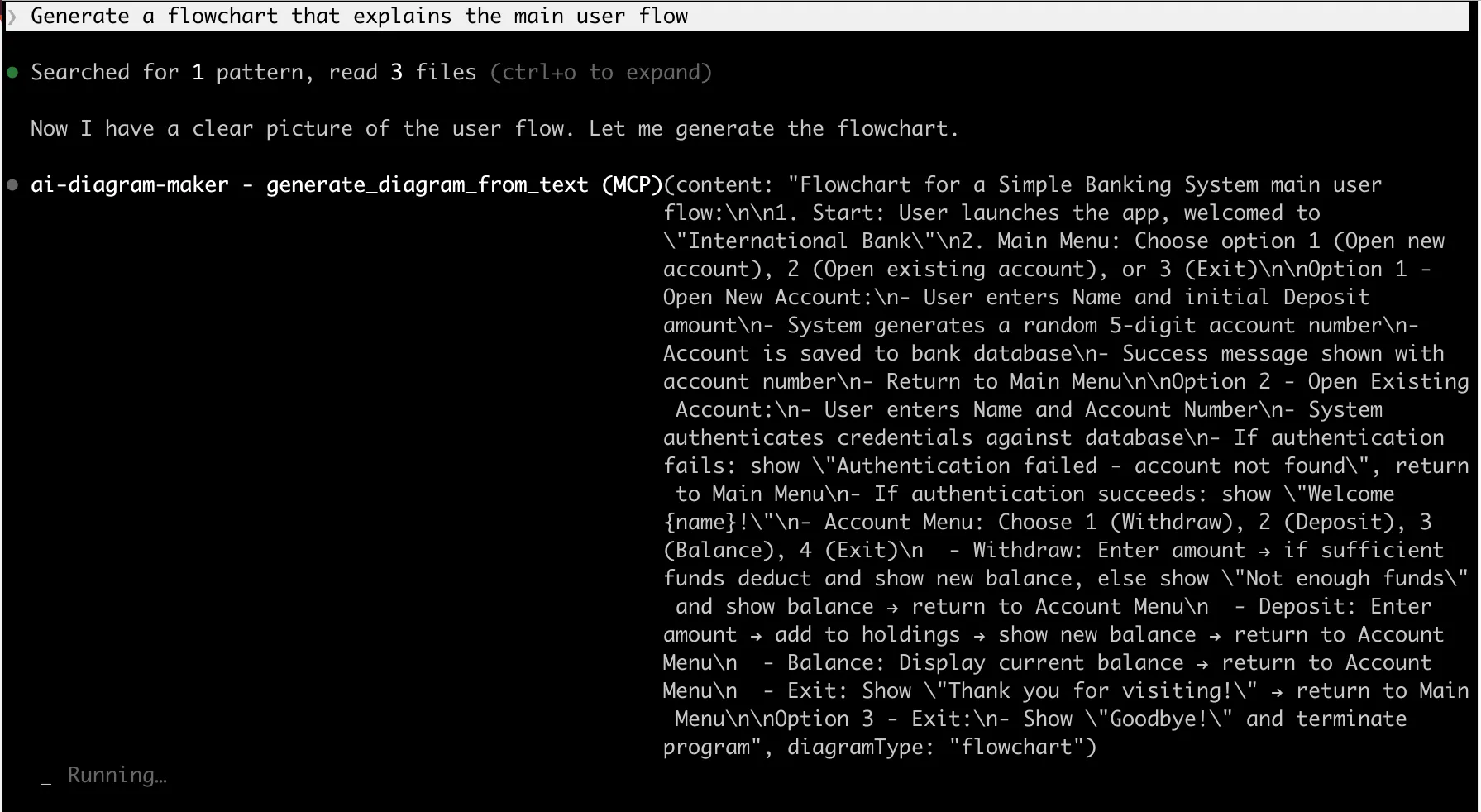 Claude Code calling generate_diagram_from_text with a detailed banking flow description