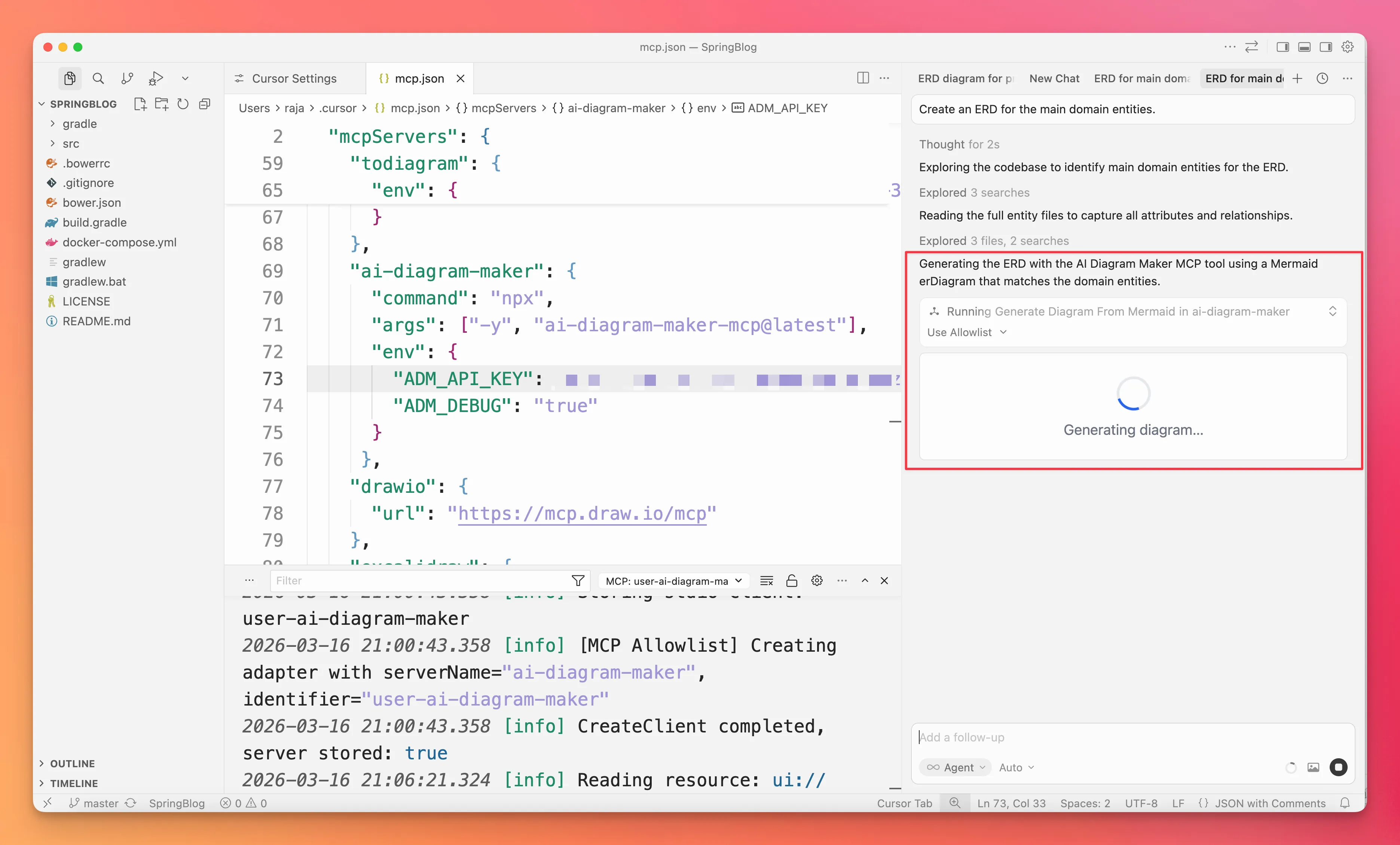 Cursor generating an ERD from Mermaid with AI Diagram Maker MCP