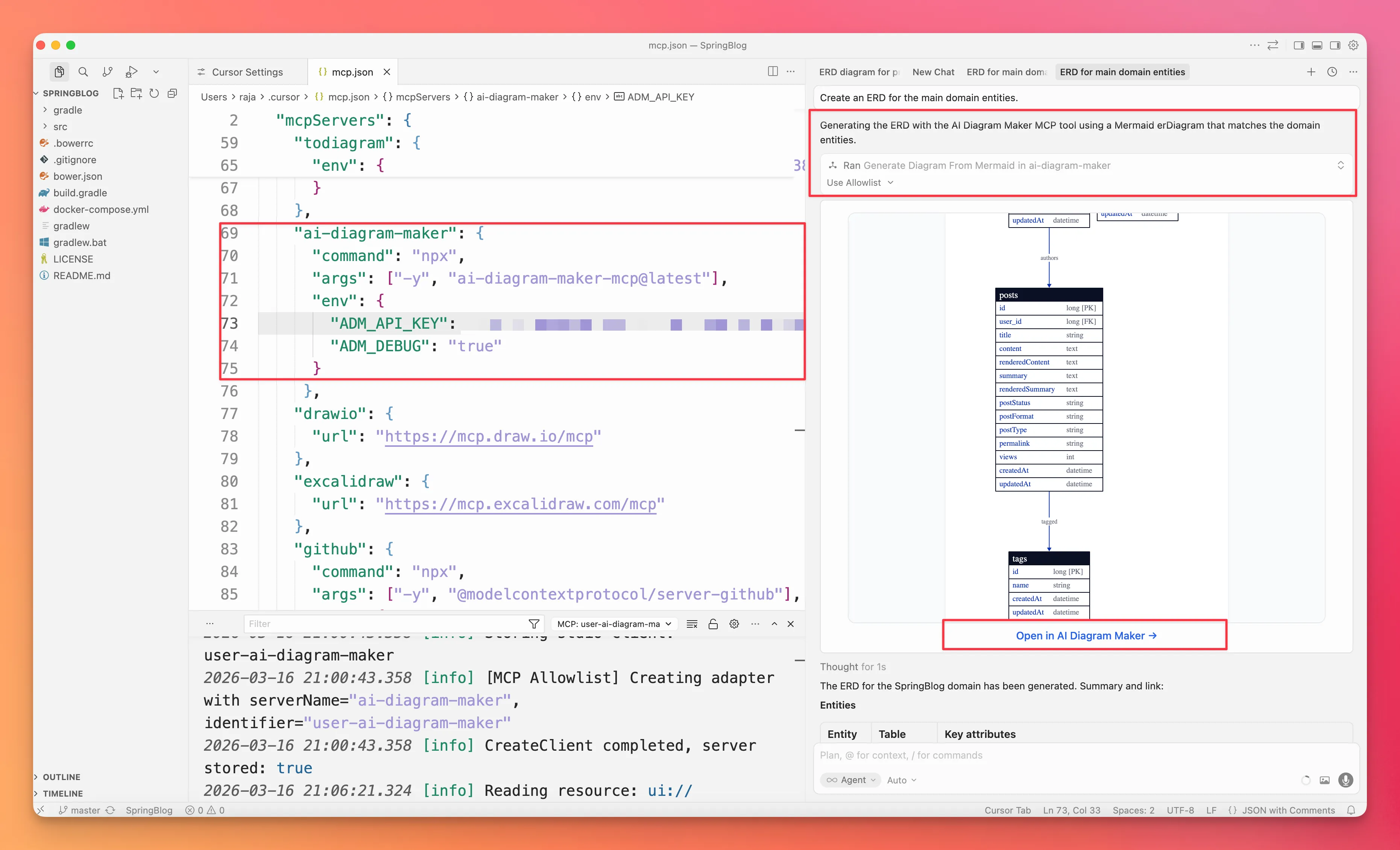 Cursor rendering the generated ERD inline with an AI Diagram Maker link