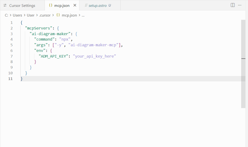 mcp.json file with ai-diagram-maker config and ADM_API_KEY