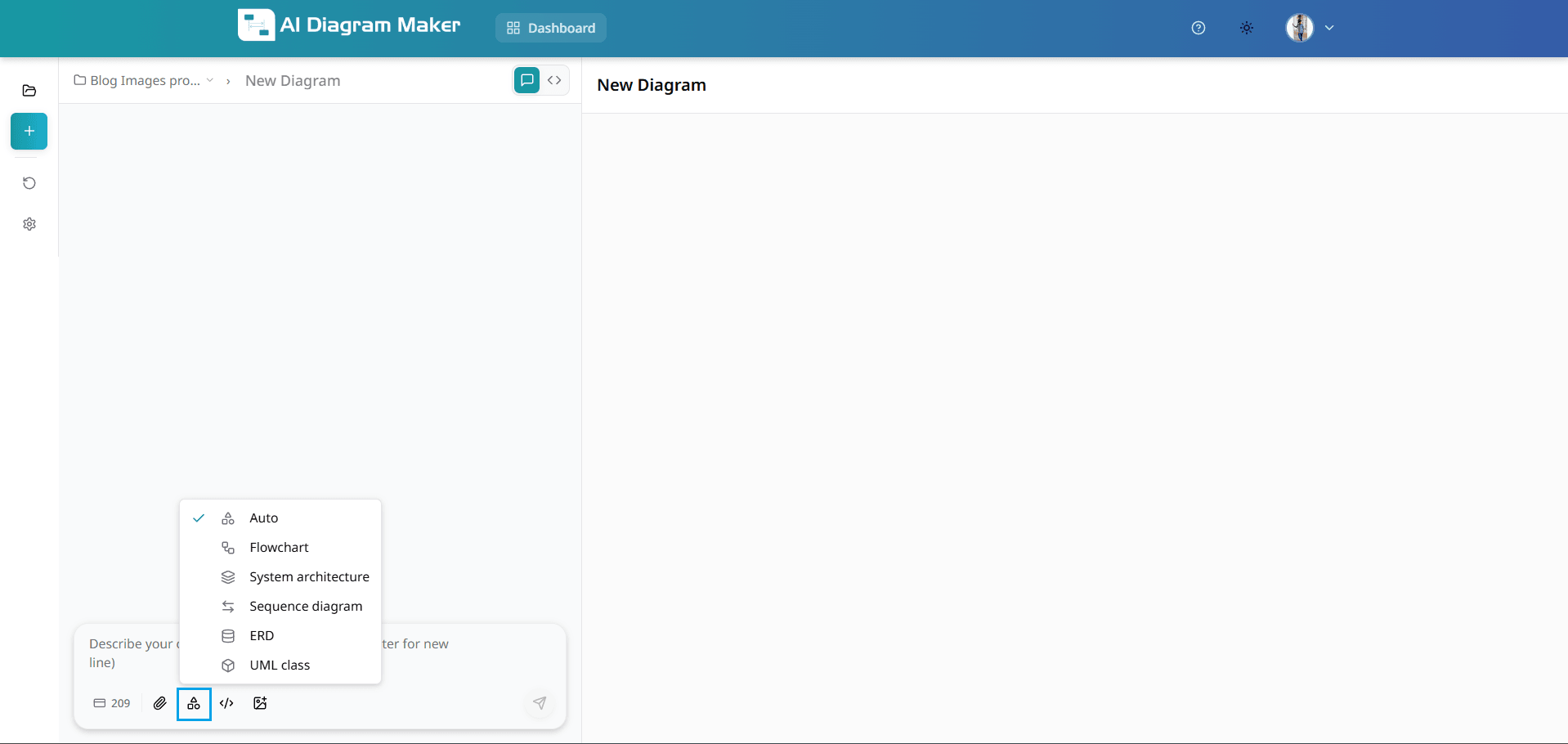 Diagram type selection popover with Auto, Flowchart, System architecture, Sequence diagram, ERD, UML class