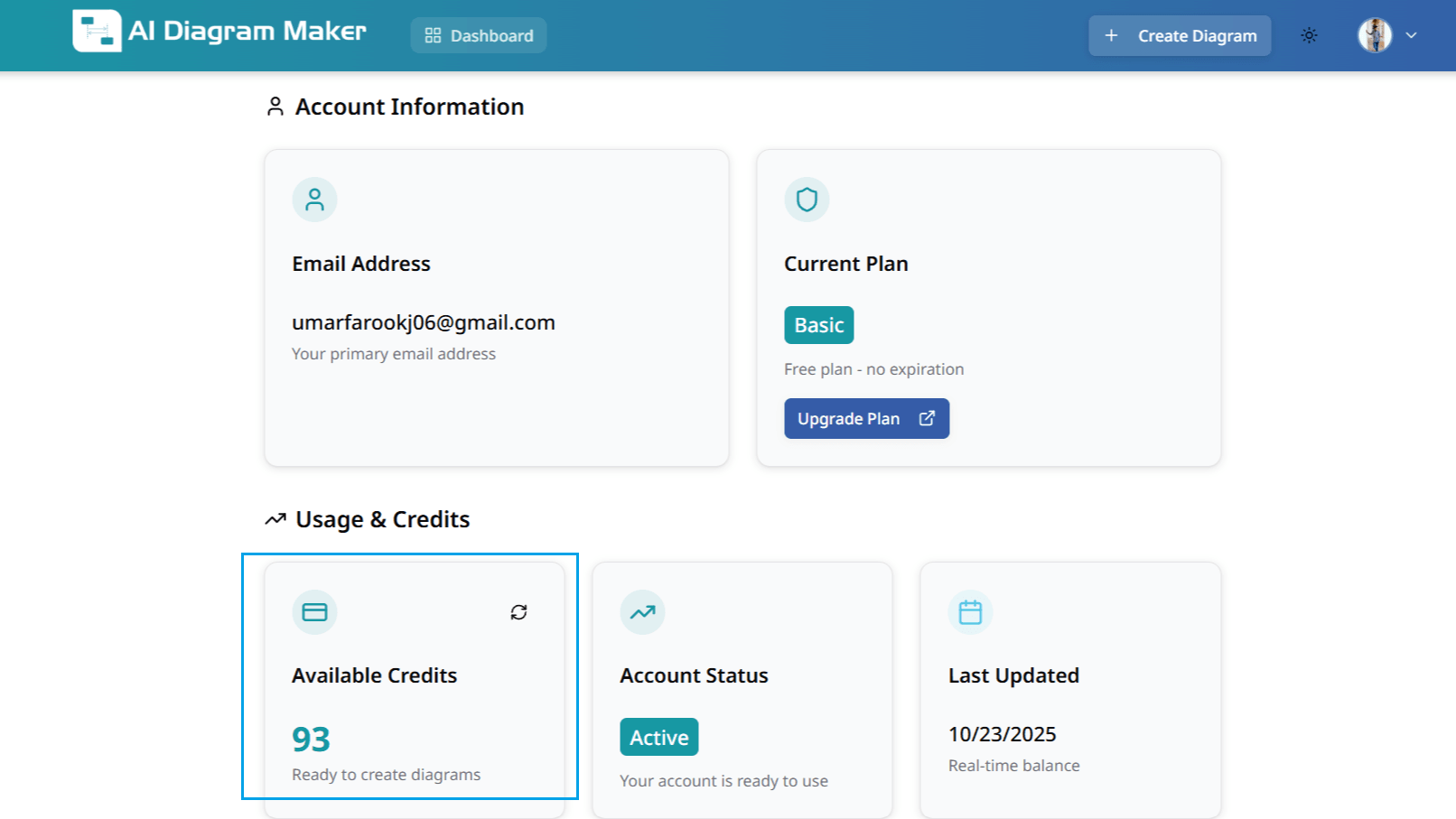 Account details and credits view