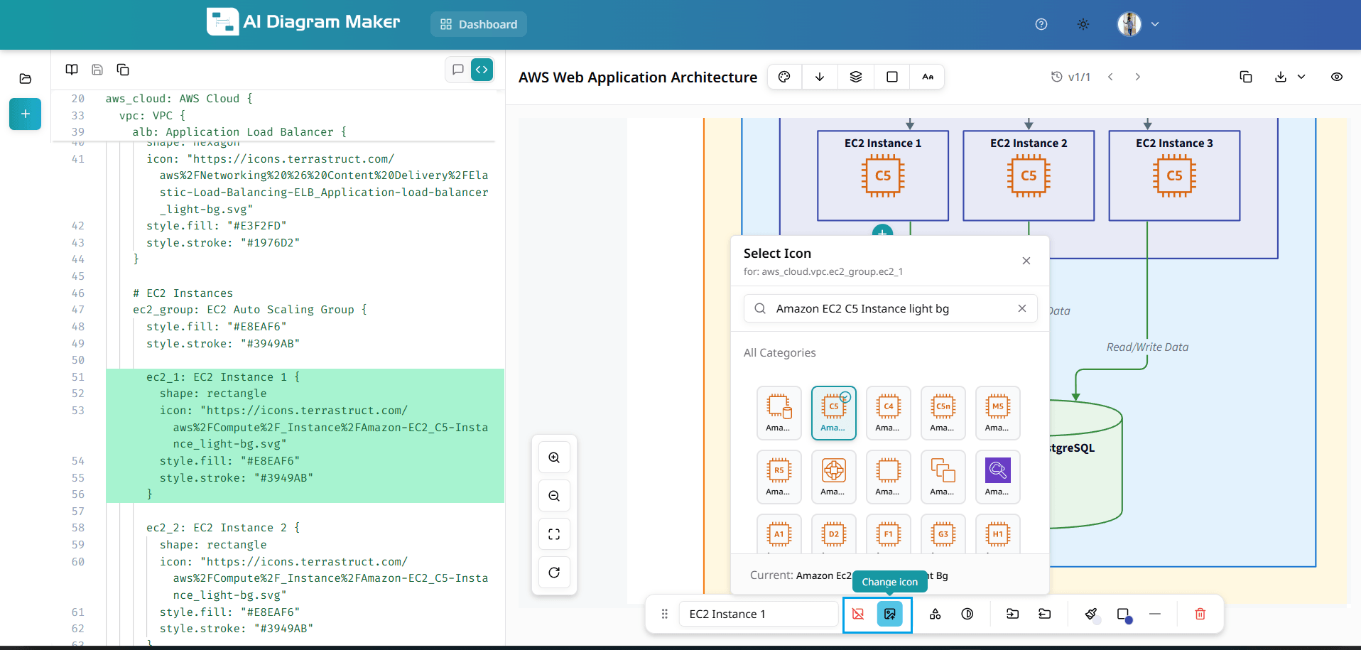 Bottom bar with Change icon and Remove icon options for node with icon