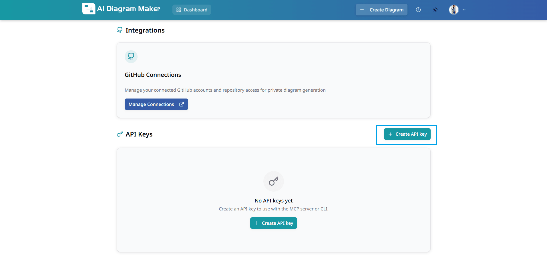 Integrations page with API Keys section and Create API key button