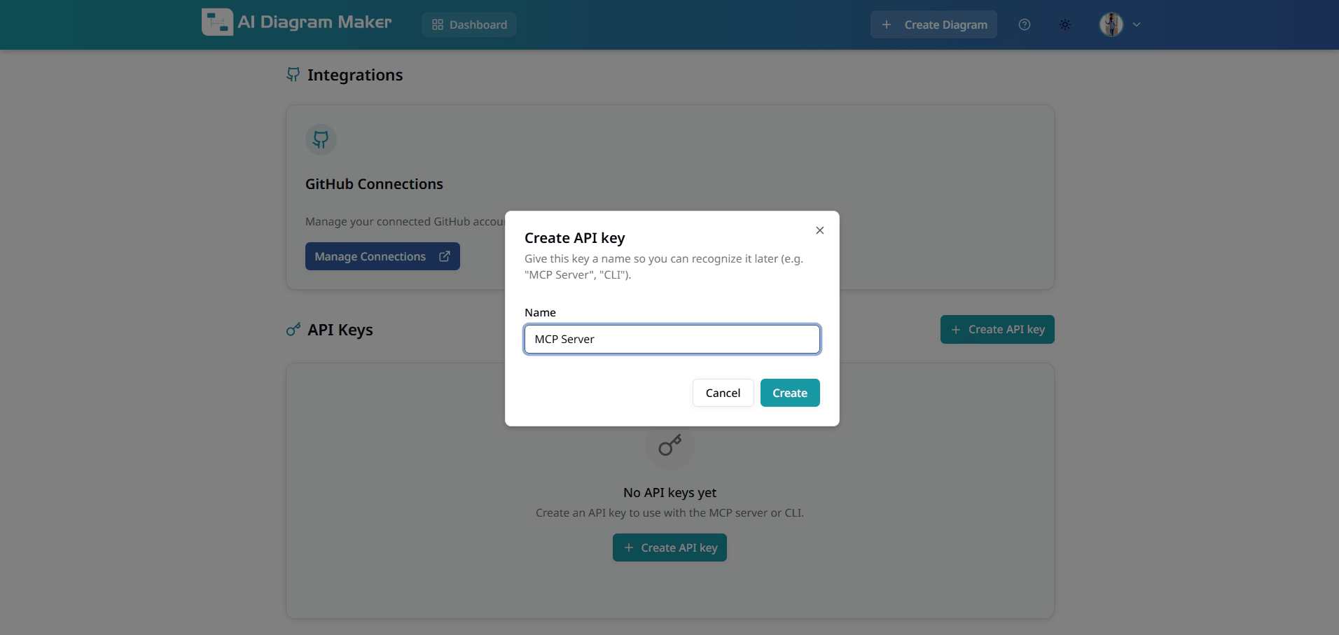 Create API key modal with name field and Create button