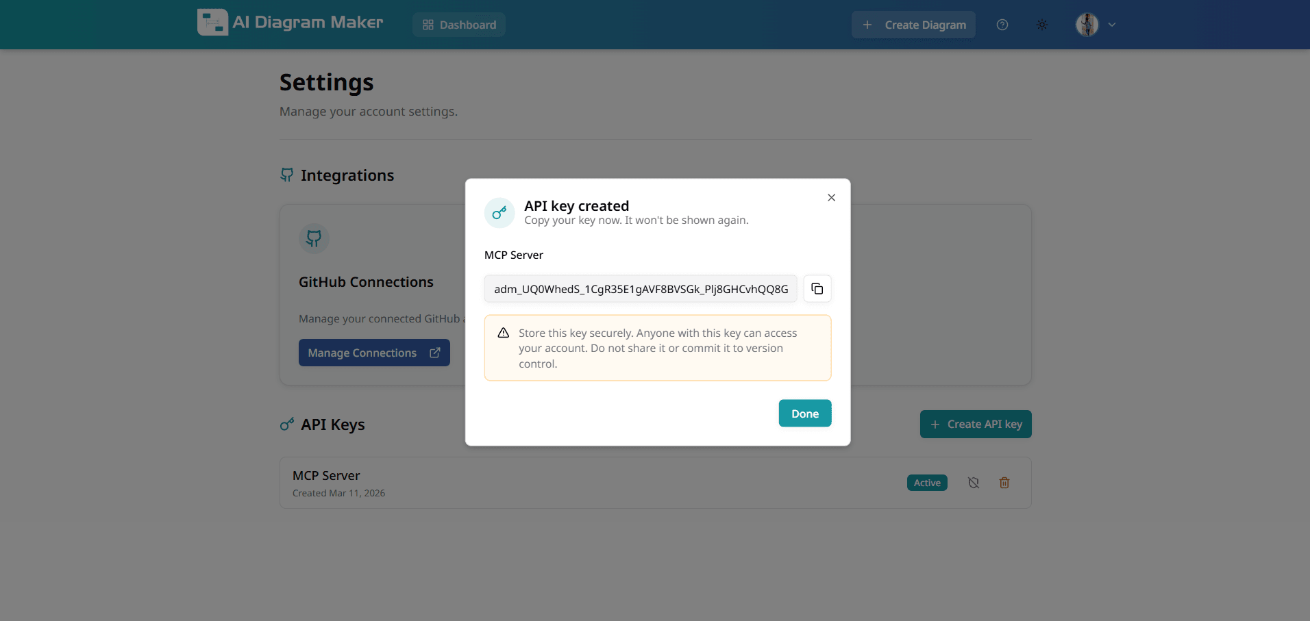 API key created modal with key to copy and security warning