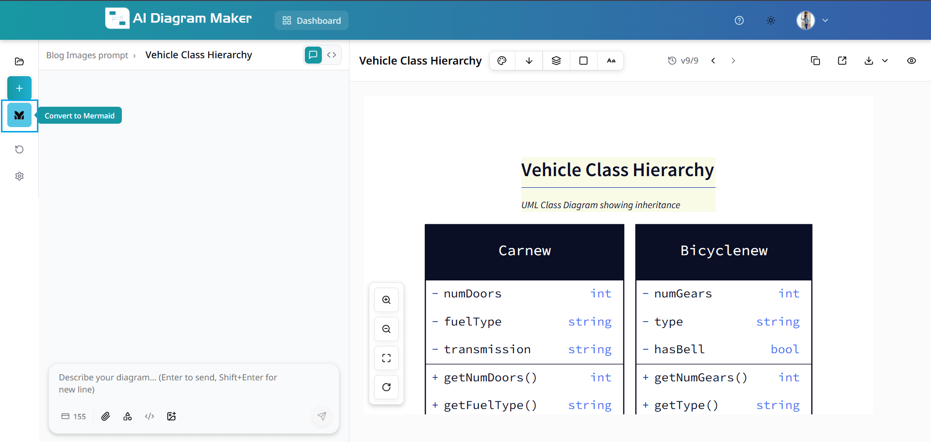 Convert to Mermaid button in left sidebar