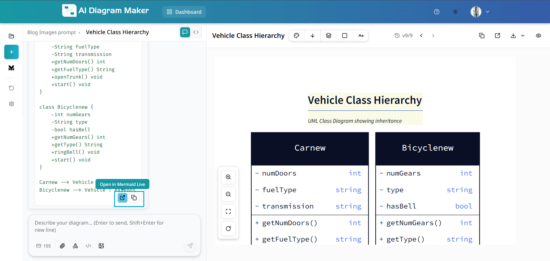 Converted Mermaid code with Open in Mermaid Live and Copy actions