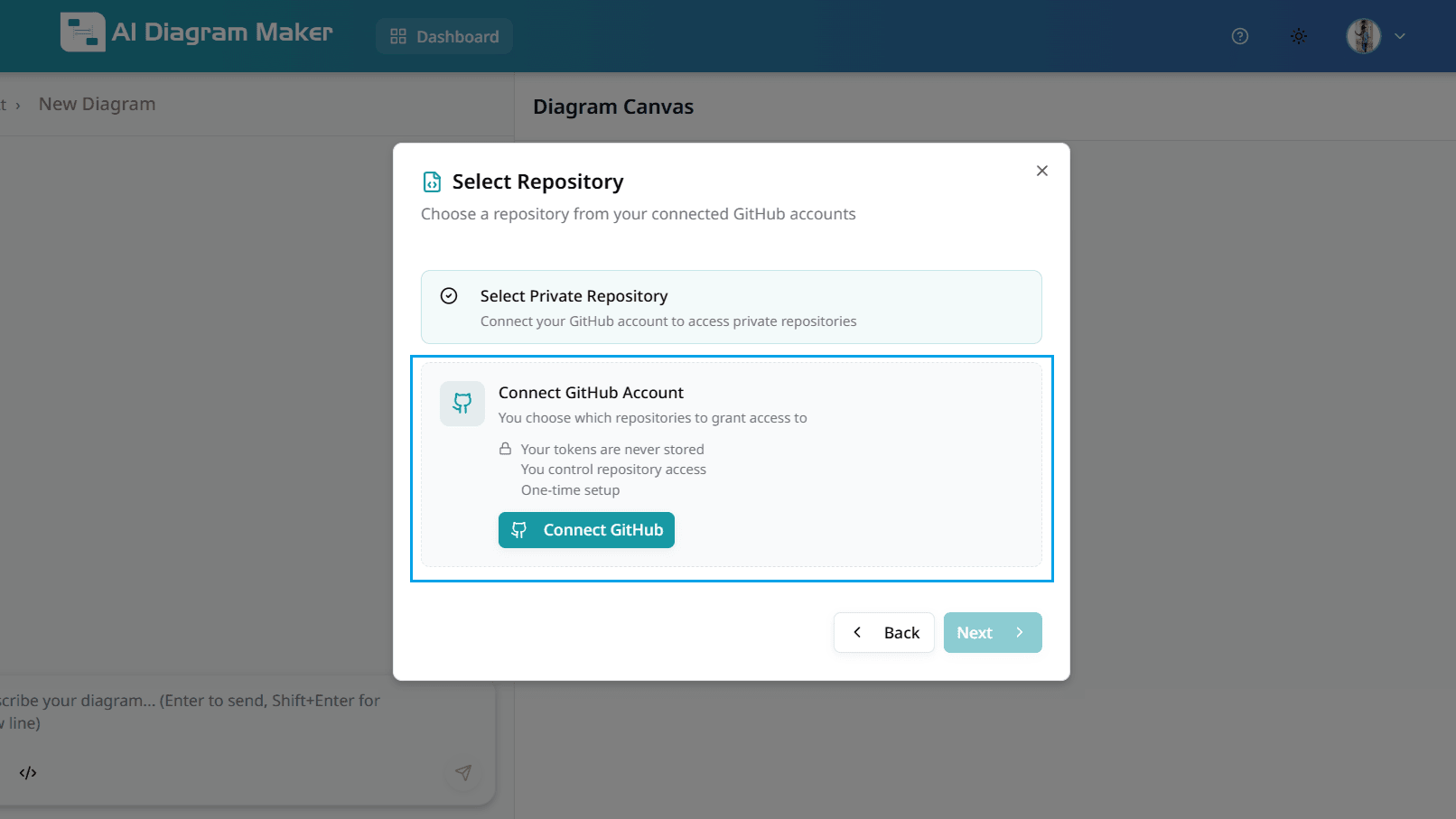 GitHub account connection interface