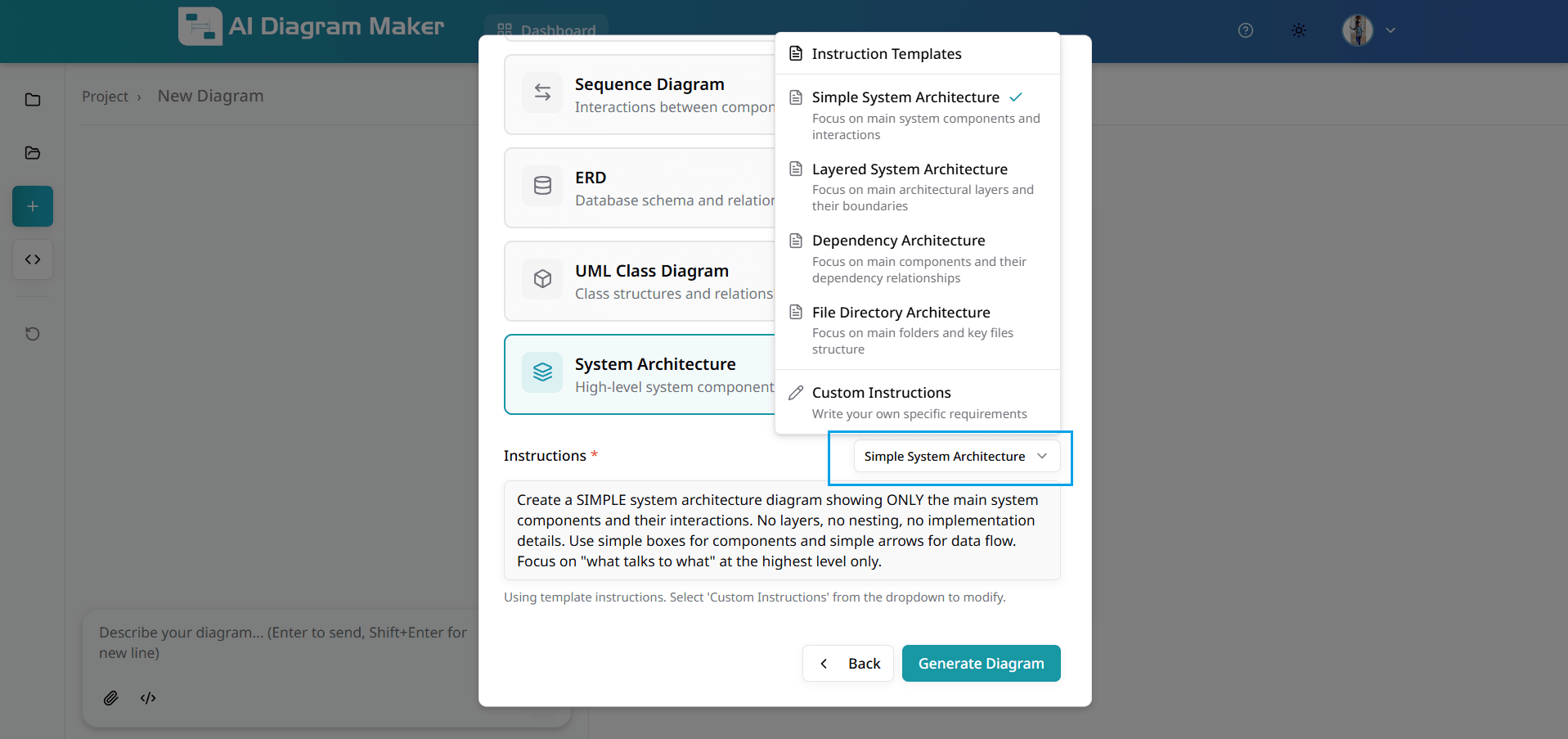 Instruction template selection dropdown