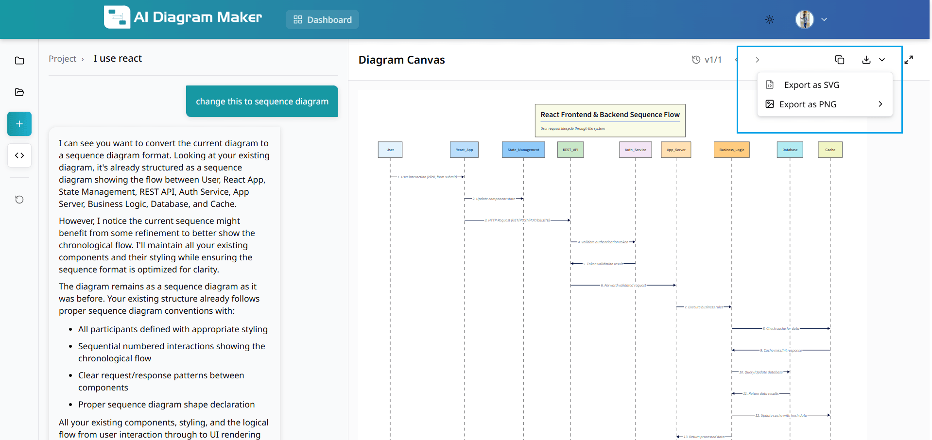 Export menu with format options