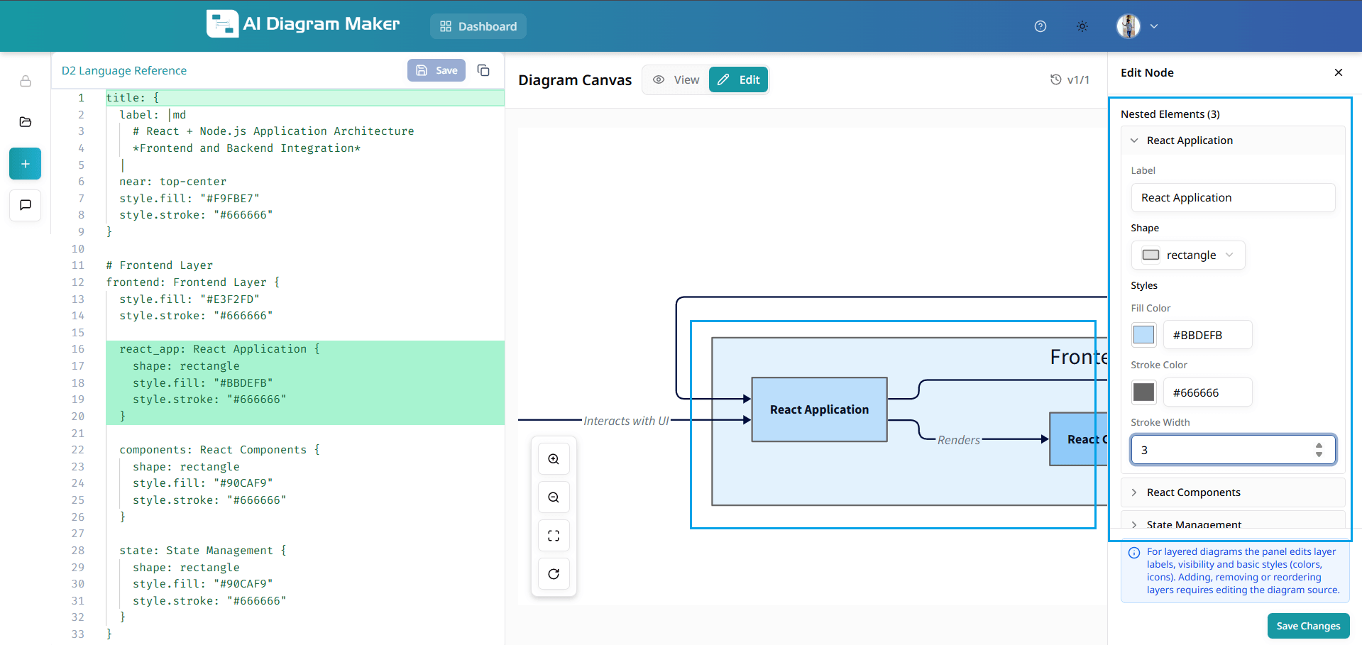 Widget panel showing accordion with nested element properties for architecture diagram