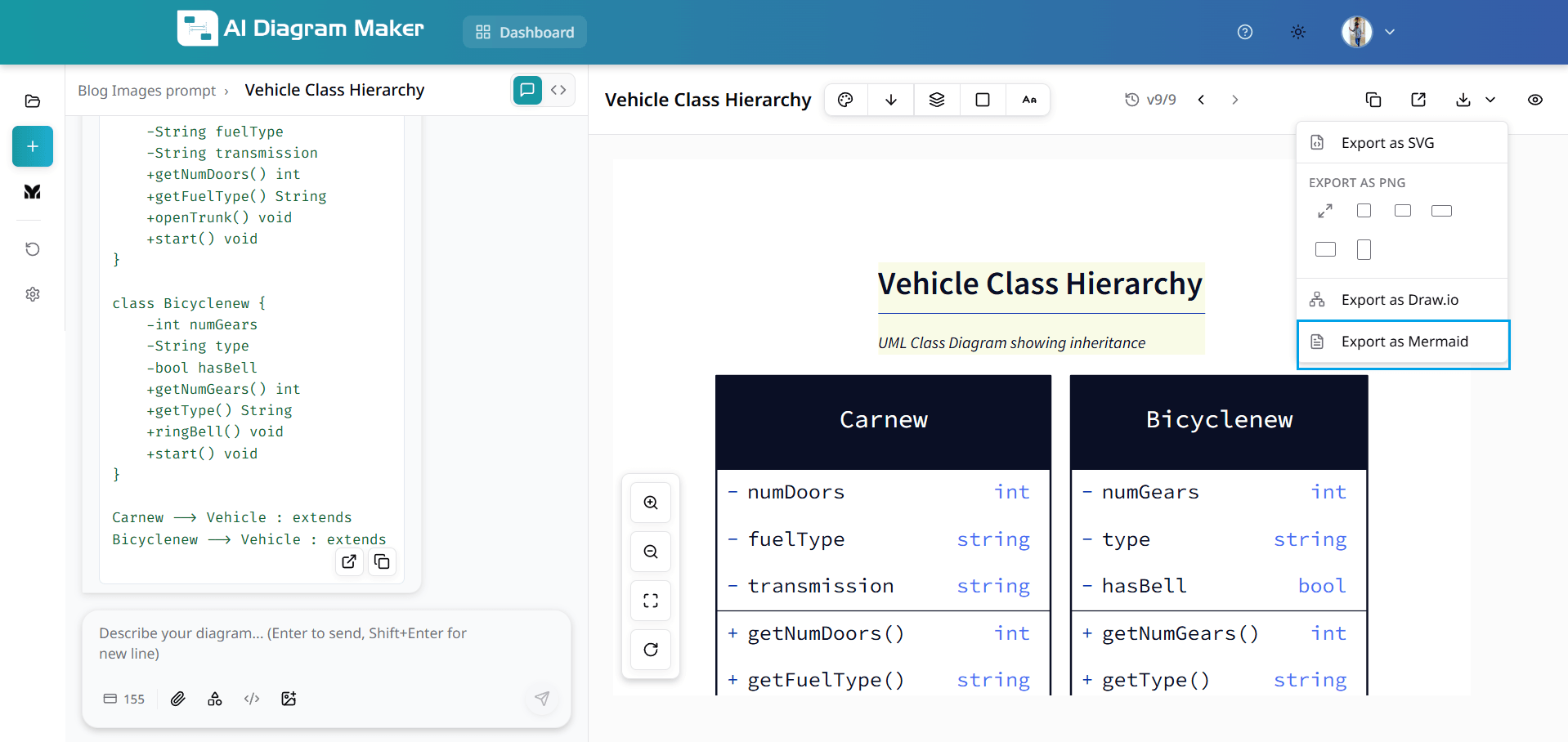 Export as Mermaid option in export menu